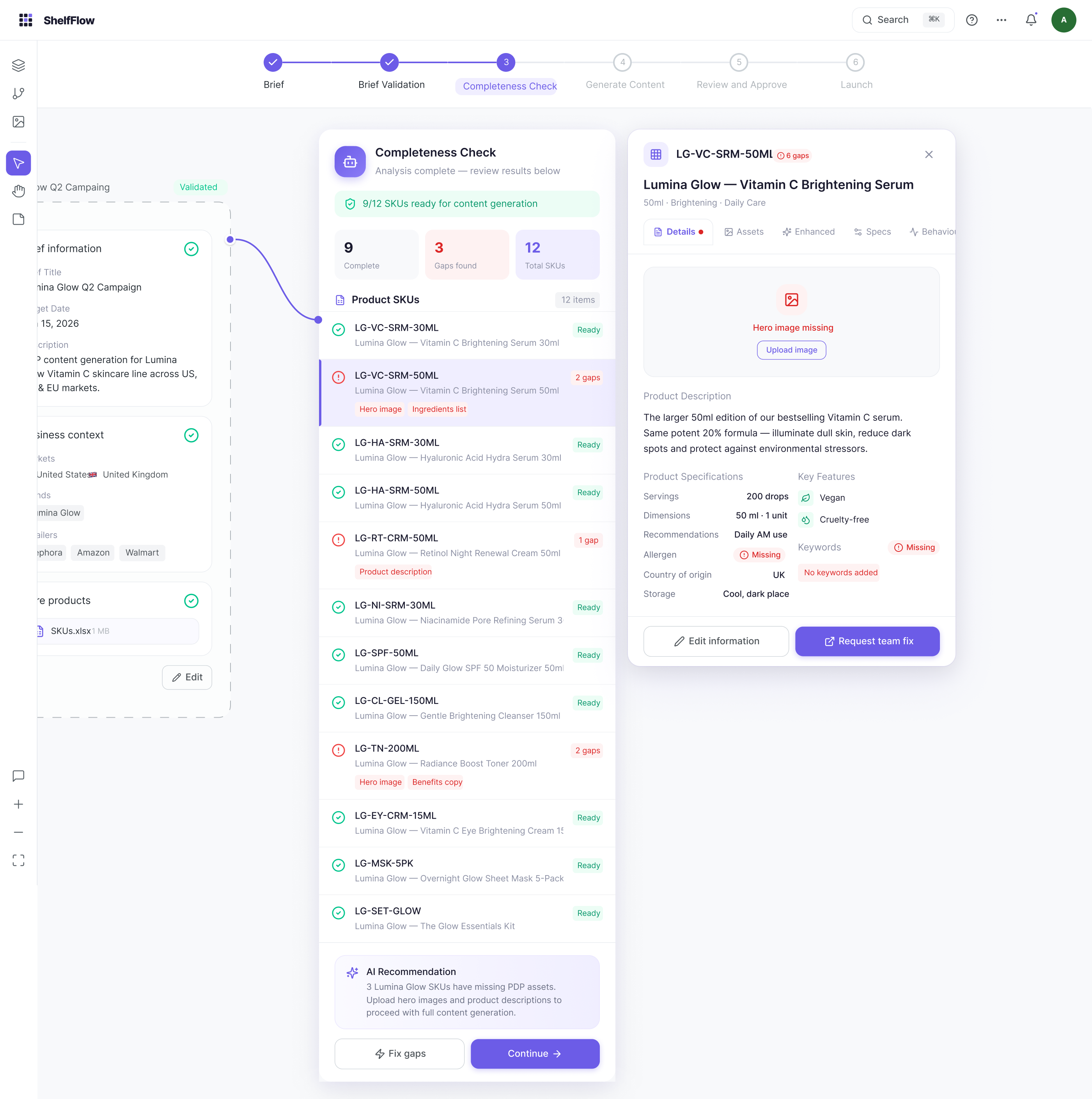 SKU detail panel with gap flags